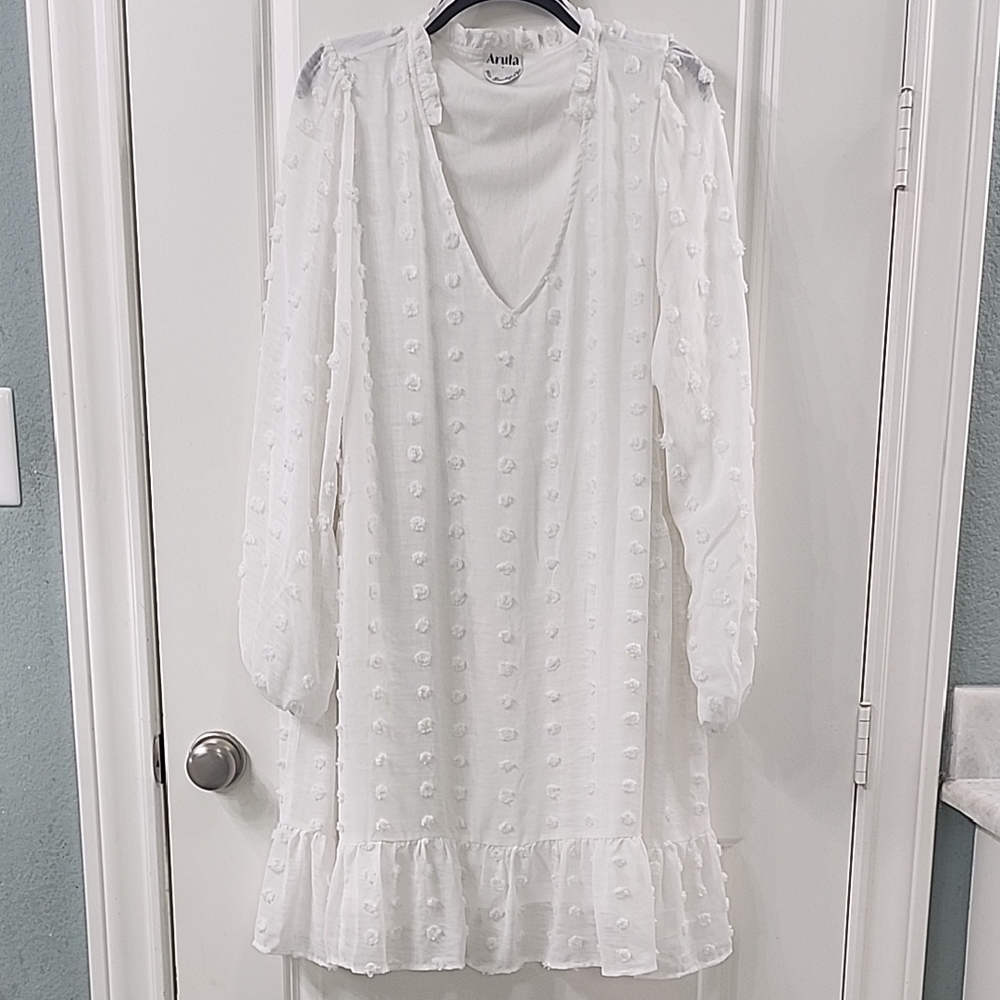 Anthropologie Cream Textured Long Sleeve Dress